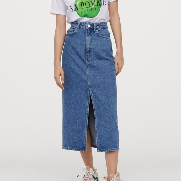 H&M Skirts Hm High Waisted Front Split Midi Denim Skirt Blue 2 Casual Summer 9s 2000s Poshmark